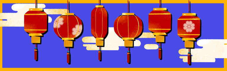 Fototapeta premium Chinese New Year header with red lanterns and blue background