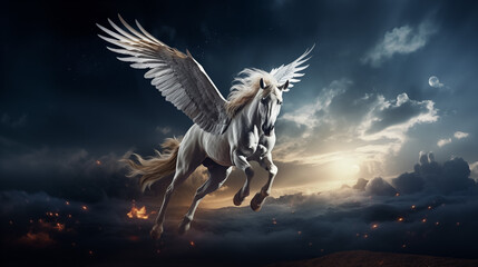 Real white horse with wings photograph on sky