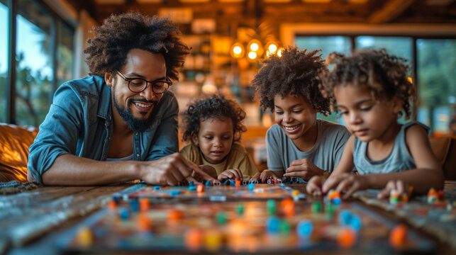 Familienspa&szlig;: Junge Familie spielt gemeinsam Brettspiele mit den Kindern // Family fun time: Young family plays boardgames together with kids