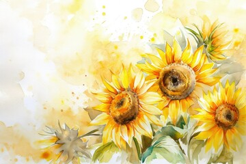 Sunflower Background: These symbolize adoration, loyalty, and longevity, valentine theme, watercolor, big copy space.