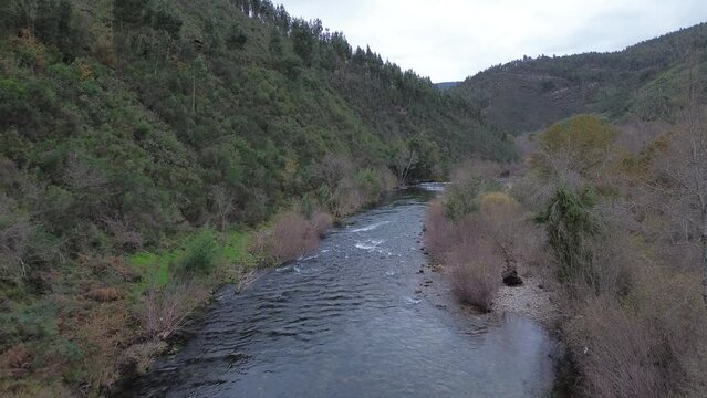 Drone footage of Paiva Walksway in Arouca municipality, Aveiro, Portugal. Drone flying over scenic Paiva river