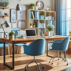 Blue chairs at wooden desk with laptop in white work area