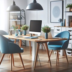 Blue chairs at wooden desk with laptop in white work area