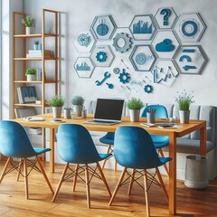 Blue chairs at wooden desk with laptop in white work area