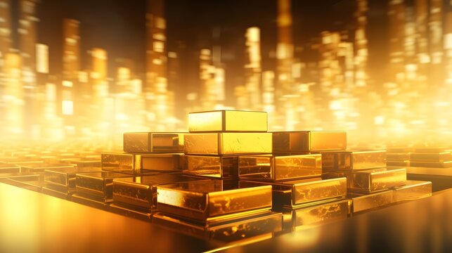 Business Gold future and financial concept.World economics and currency exchange in shiny gold bar arrangement in a row background.Money trade and safe haven marketplace.3D illustration rendering.