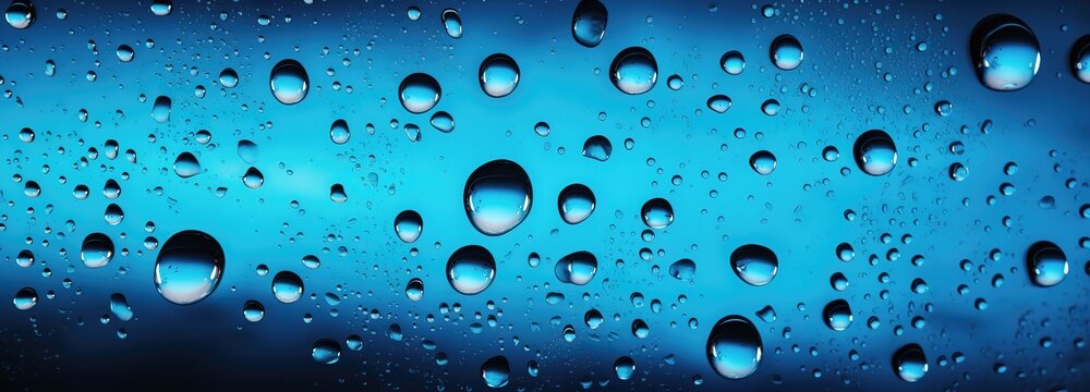 Shiny water droplets on blue Background With blur effect behind it. generative AI