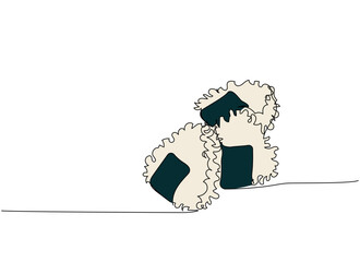 Sushi, Onigiri, Japanese Rice Balls one line art. Continuous line drawing of sushi, japanese, food, roll, culture, tasty, restaurant, japan, asian, sea, menu