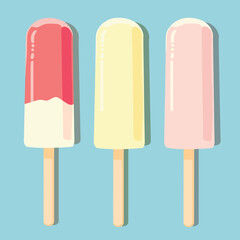 Icepops or iceblocks in different flavours. Cream and berry icecream, banana icecream and strawberry icecream slightly melted. Flavour of summber.