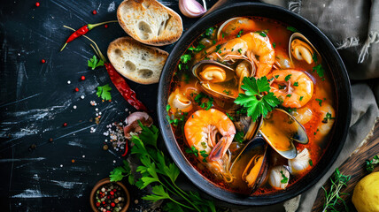 Soup Buridda is an Italian seafood soup or stew native to Liguria, flat lay with copy space, restaurant menu concept design