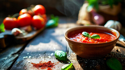 Popular Italian tomato soup on the table in an old local restaurant, soup decorated with basil leaf with copy space, concept for blog or menu design about Italian soups - obrazy, fototapety, plakaty