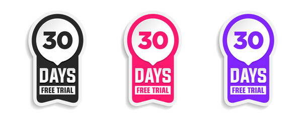 30 days Free trial on white background. Product advertising. Web design. Vector stock. Symbols, signs. illustration.