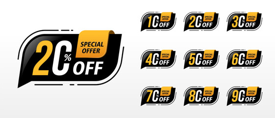 Sale tags set vector badges template, up to 10, 20, 30, 40, 50, 60, 70, 80, 90 percent off. ready for use in advertising design, web and print design, discount banners or stickers.