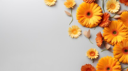 Creative composition of beautiful yellow and orange gerbera flowers with petals on gray background. Autumn concept. Flat lay. Banner format.
