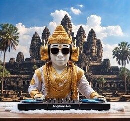 Fototapeta premium Hindu God Javanese playing music in front of Borobudur temple, Java, Indonesia
