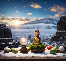 Wooden Buddha statue with light bulb and easter eggs in snow.