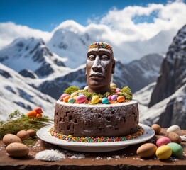 Easter cake with Easter eggs and statue on the background of mountains.