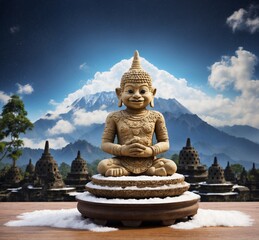 Buddha statue on wooden table and Himalayan mountain background. - obrazy, fototapety, plakaty