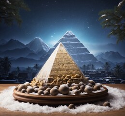 Egyptian pyramids and hieroglyphs in the snow at night