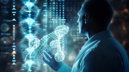 Double exposure DNA of Medicine doctor touching DNA virtual hologram interface or Digital healthcare check with analysis chromosome genetic of human.5G technology of Futuristic Medical science concept