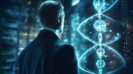 Fototapeta na wymiar Double exposure DNA of Medicine doctor touching DNA virtual hologram interface or Digital healthcare check with analysis chromosome genetic of human.5G technology of Futuristic Medical science concept