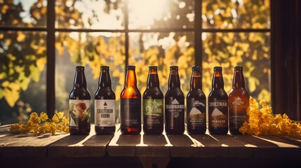 line of craft beer bottles on a rustic wooden surface, warmly lit by sunlight, with fresh hops in the foreground, suggesting a selection of fine ales ready for tasting