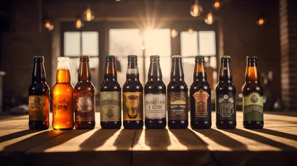 Poster line of craft beer bottles on a rustic wooden surface, warmly lit by sunlight, with fresh hops in the foreground, suggesting a selection of fine ales ready for tasting © Ziyan Yang