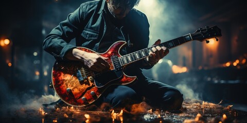 A skilled musician strums a melodic tune on his electric guitar, captivating the audience with his...