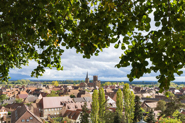Scenic view from Chateau d'Isenbourg and Spa at picturesque village Rouffach Haut-Rhin department...