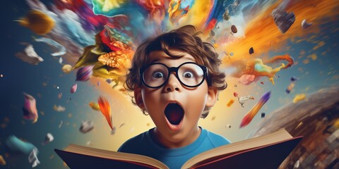 Obraz na płótnie Canvas Surprised child holding an open book