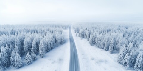 Fototapeta na wymiar Aerial drone view of empty snowy winter road