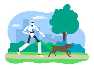 robot humanoid run walk with dog in the park vector illustration
