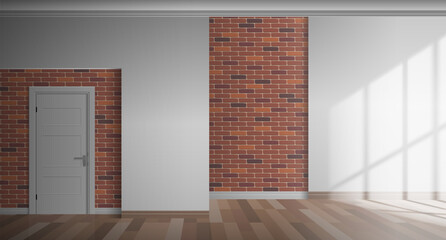 modern empty room interior design with entrance door brick wall pannels vector illustration