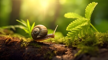 Little snail and green shamrock leaf in sun ray on forest background. Beautiful macro nature landscape. - obrazy, fototapety, plakaty