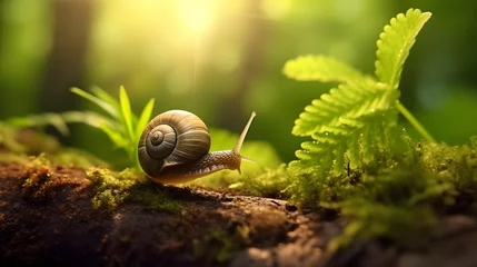 Fotobehang Little snail and green shamrock leaf in sun ray on forest background. Beautiful macro nature landscape. © Ziyan Yang