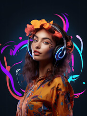 girl in headphones listening music. fantasy graffiti illustration. watercolor painting, in the...