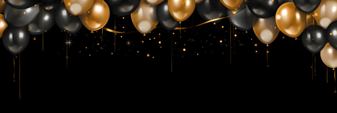 gold black balloon confetti background for graduation birthday happy new year opening sale concept, usable for banner poster brochure ad invitation flyer template