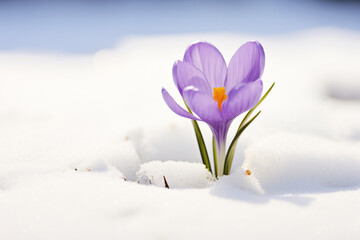 Crocus flower blooming in snow, first spring flower. Close up macro view. Generative AI