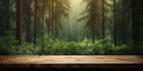 Empty wooden table with Forest background with Blur effect. generative AI