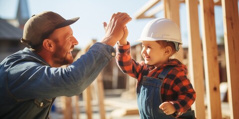 Father with toddler son building wooden house - obrazy, fototapety, plakaty