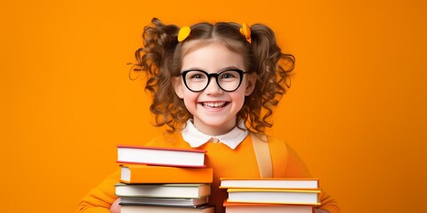 funny smiling child school girl with glasses hold books