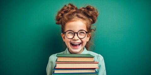 funny smiling child school girl with glasses hold books