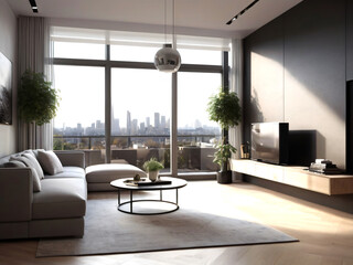 Fototapeta premium Minimalist interior design of modern living room with chair, sofa cushions, coffee table. Generative AI