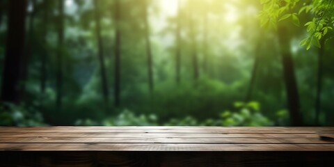 Empty wooden table with Forest background with Blur effect. generative AI