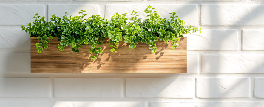 Wooden plant pot hanging in front of an white brick wall. Modern stylish white brick wall with shelves and plants.