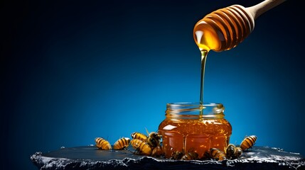 Pouring honey in jar and honeycomb on blue table. - obrazy, fototapety, plakaty