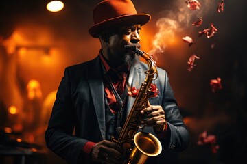A stylish man serenades the audience with soulful jazz melodies, his fedora adding a touch of cool to his passionate saxophone performance