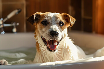 Cute and funny dog taking bath in bathtube at home bathroom. Generative AI