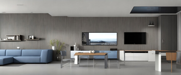 Minimalist interior design of modern living room with chair, sofa cushions, coffee table. Generative AI