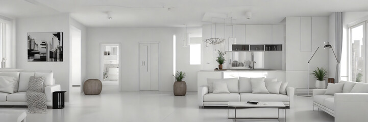 Minimalist interior design of modern living room with chair, sofa cushions, coffee table. Generative AI