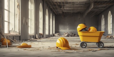 Yellow hard hats and a small cart on the concrete - obrazy, fototapety, plakaty